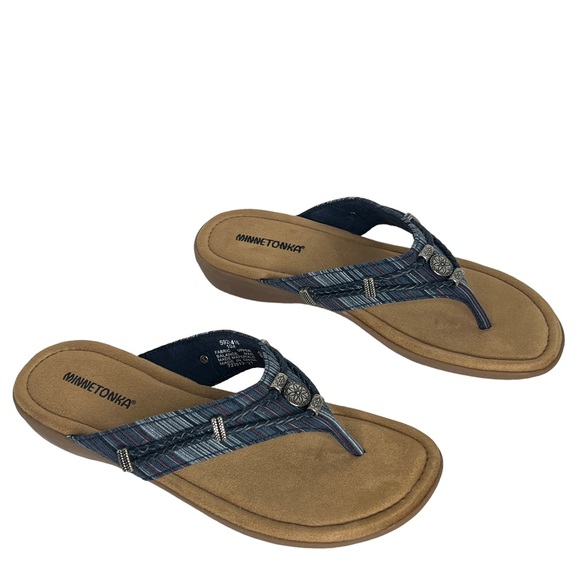 Minnetonka Blue Silverthorne Thong Slide Fabric And Leather Sandals Size 10M - Picture 14 of 14